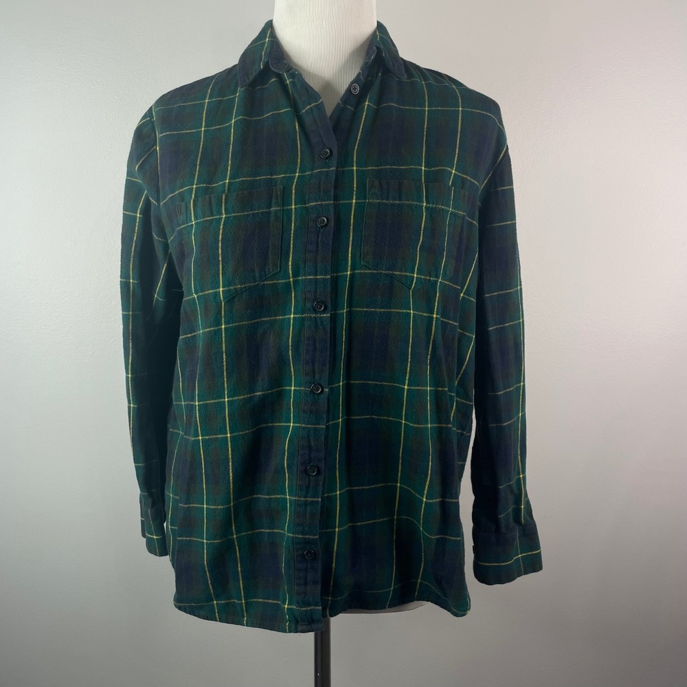 Madewell Flannel Shirt Womens XS Green Navy Blue Plaid Cotton Button Down E1495